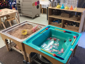 Sand and water tables in the middle of the room